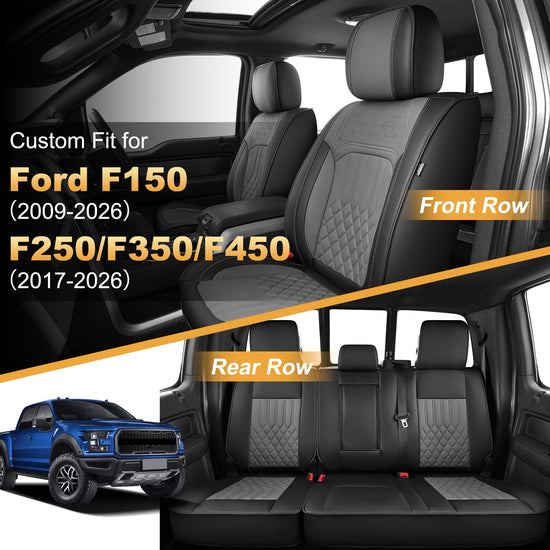 AOMSAZTO vehicle seat covers - Faux leather waterproof full set for Ford F150 F250 F350 F450 2009-2026 in black and grey