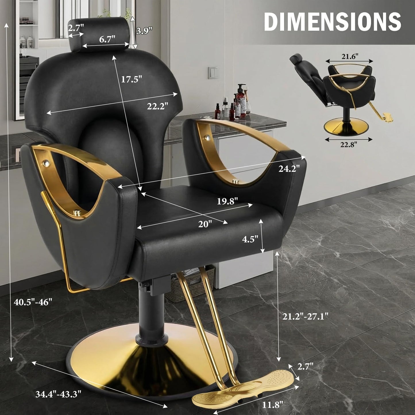 Tythical Salon Chair Reclining Barber Hair Chair for Hair Stylist with Heavy Duty Hydraulic Pump, 360 Swivel Styling Beauty Spa Tattoo Equipment for Home Barbershop, Black Gold