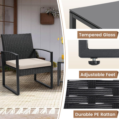 Murago 3 piece wicker patio bistro set with coffee table in black frame and cushion