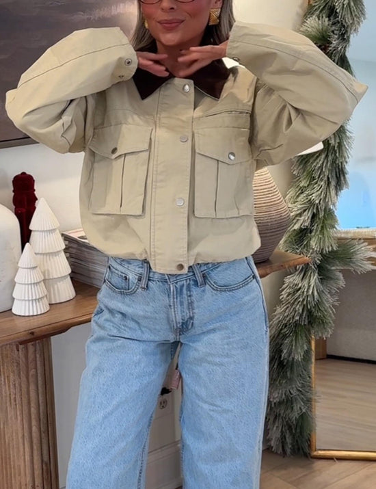 Megfie cropped coat — Contrast collar utility design with pockets and cargo styling