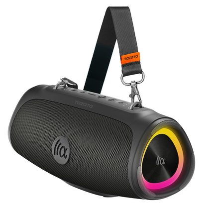 TAZATA portable loud Bluetooth speaker with large subwoofer and powerbank function.