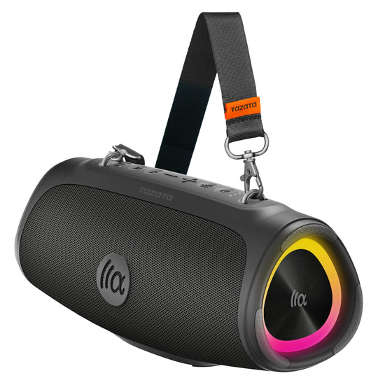 TAZATA portable loud Bluetooth speaker with large subwoofer and powerbank function.