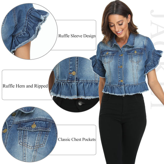 MISS MOLY women's denim jacket - ruffle sleeve design and distressed finish