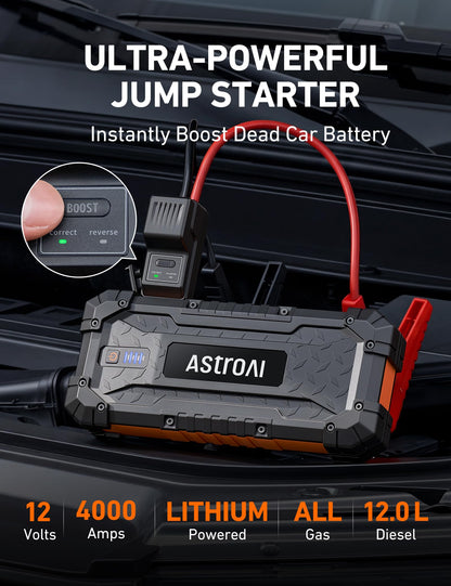 AstroAI jump starter — 1500A portable lithium power bank with flashlight and cables