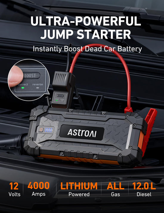 AstroAI jump starter — 1500A portable lithium power bank with flashlight and cables