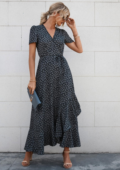 Dress — Boho floral maxi with short sleeves and wrap v neck design