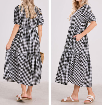 Dress — Retro plaid lantern puff sleeve midi dress by chouyatou