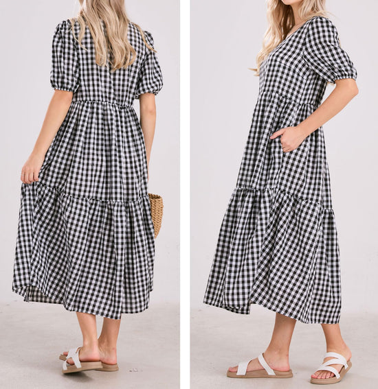Dress — Retro plaid lantern puff sleeve midi dress by chouyatou