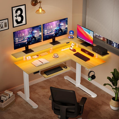 Rolanstar L shaped desk with LED light and power outlet. 61.2 height adjustable electric desk.