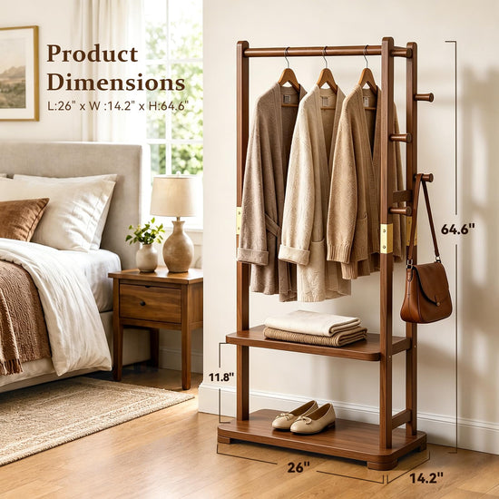 Taitiy coat rack - Solid wood with shelves and hooks for clothes and accessories