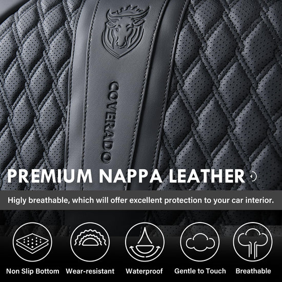 Coverado car seat covers with lumbar support in black nappa leather waterproof for most vehicles