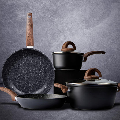 Vkoocy cookware set — Nonstick induction with granite stone finish and wood handle