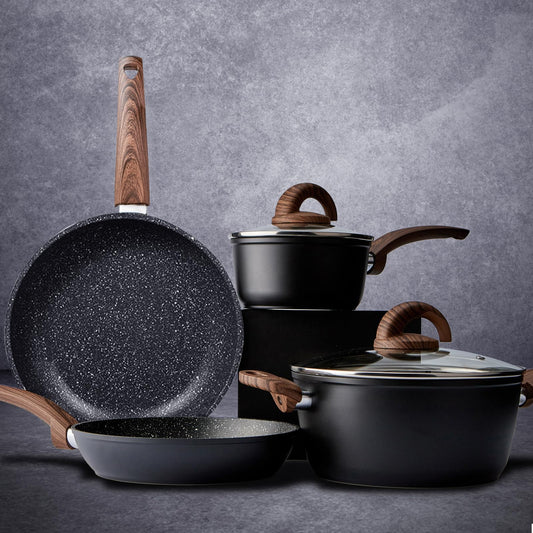 Vkoocy cookware set — Nonstick induction with granite stone finish and wood handle