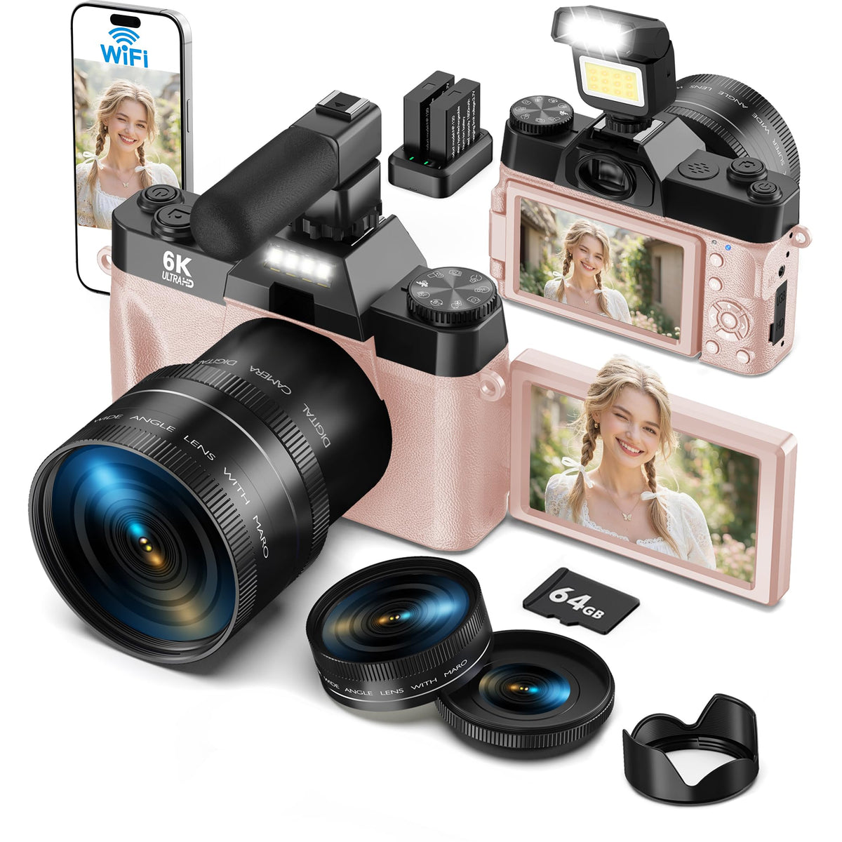 Yatao 6K WiFi Flip Screen Digital Camera, Mic & Fill Light for Photography