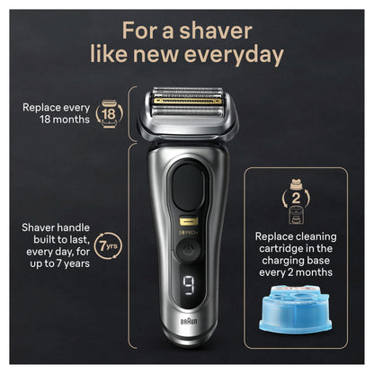 Braun Series 9 Pro+ electric shaver — stainless steel, battery powered