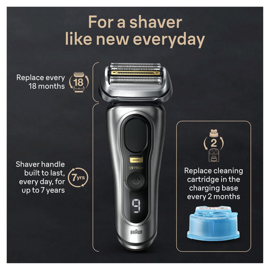 Braun Series 9 Pro+ electric shaver — stainless steel, battery powered