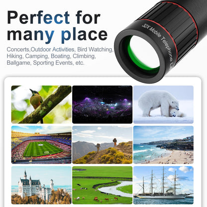 2025 Newly 32X Phone Camera Lens Telephoto Mobile Lens for iPhone and Android Zoom Cellphone Camera Lens with Phone Clip for Picture Video Taking (Black)