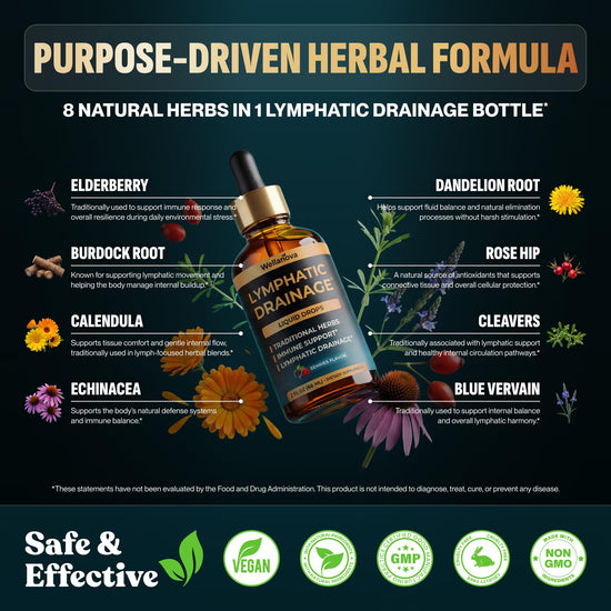 Wellanova Lymphatic Drainage Drops - Organic Supplement for Lymphatic Support & Detox - 10-in-1 Herbal Blend Cleanse Complex with Burdock, Dandelion, Elderberry - 2 fl oz