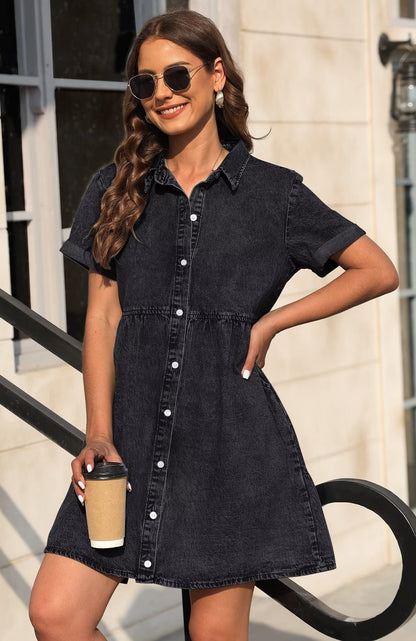 KDF denim dress with pockets - short sleeve babydoll style