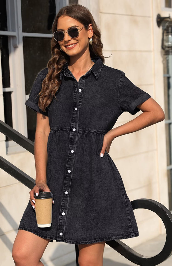 KDF denim dress with pockets - short sleeve babydoll style