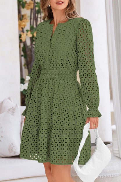 Dress — Long sleeve eyelet v neck A line holiday wedding guest dress