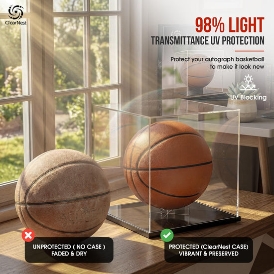 ClearNest Basketball Display Case Full Size – Clear Acrylic Basketball Display Box with UV Protection & Black Base for Autographed Basketball Memorabilia Collectibles