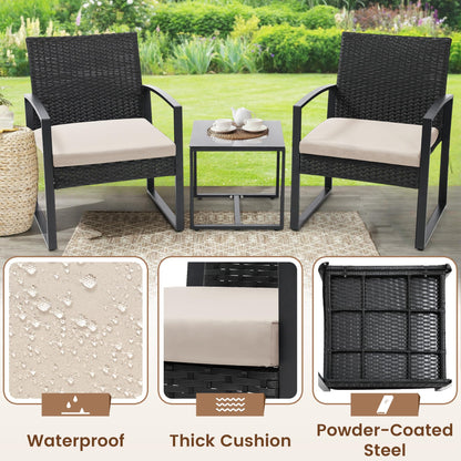 Murago 3 piece wicker patio bistro set with coffee table in black frame and cushion