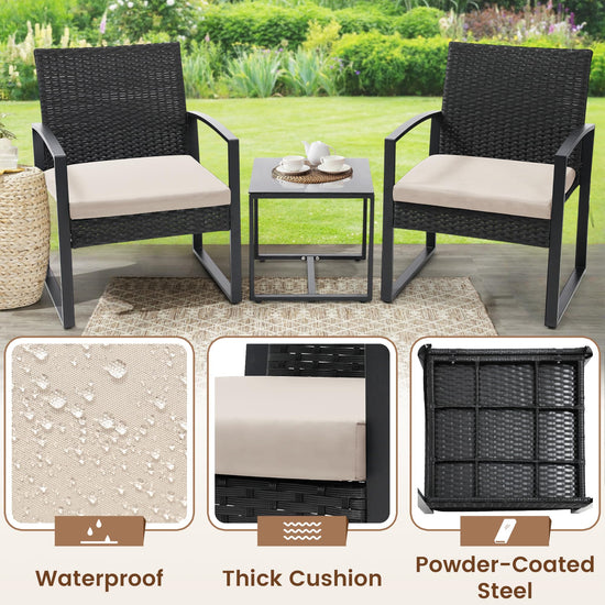 Murago 3 piece wicker patio bistro set with coffee table in black frame and cushion