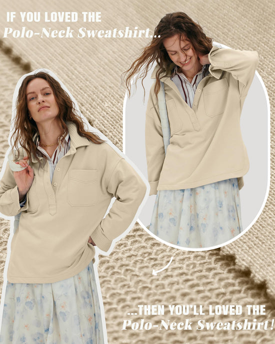 Shirt — Women's casual oversized polo neck sweatshirt with long sleeves and buttons