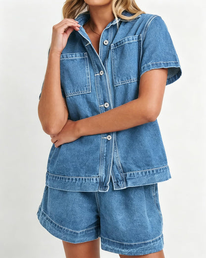 Kedera coordinated outfit — summer denim set with short sleeve boxy shirt and shorts pants
