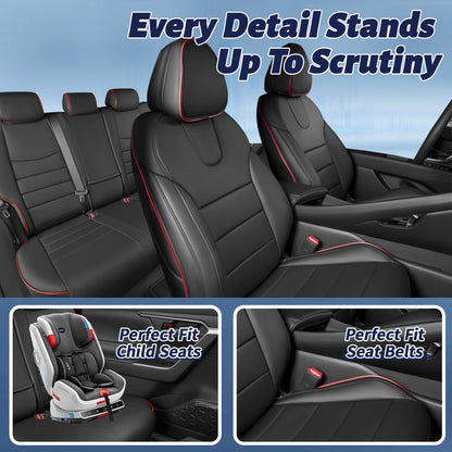 HKZ Elantra seat covers — custom fit leather full set in black and red for Hyundai Elantra 2021-2026 SE/SEL/SEL Sport & Hybrid with rear bench and fixed headrests.