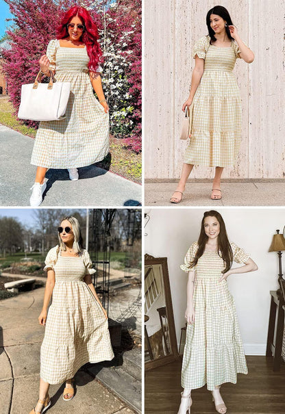 ZESICA dress — Boho gingham puff sleeve midi dress