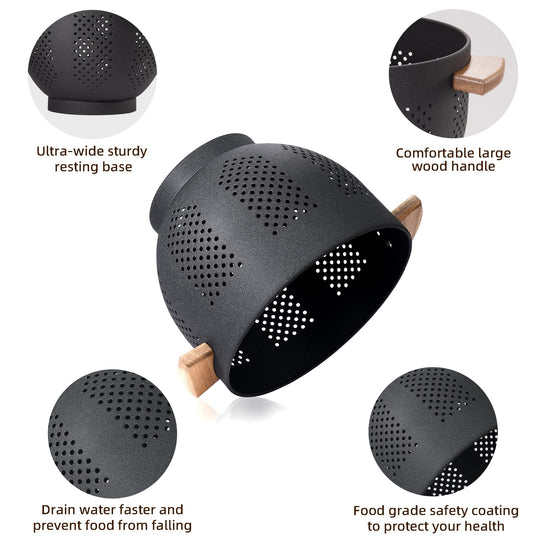 Food strainer — Metal colander with wood handle and stable base for draining pasta and vegetables