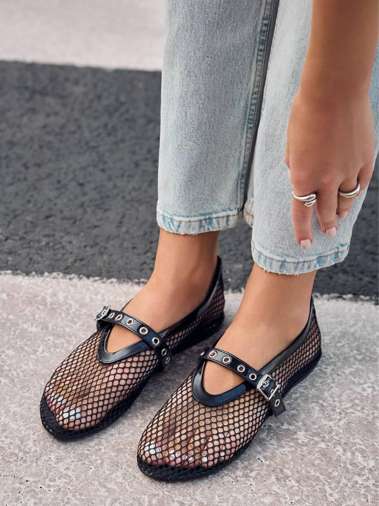 Coutgo womens mesh ballet flats - Comfortable Mary Jane style shoes with buckle strap