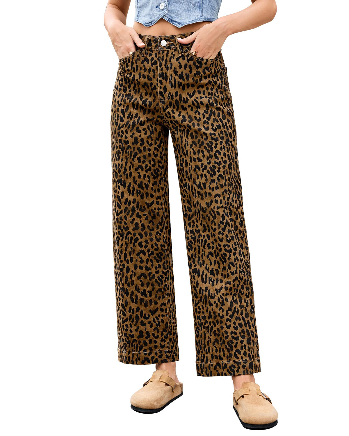 PANTS — Trendy high waisted cheetah print wide leg jeans by LookbookStore