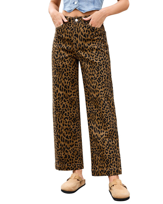 PANTS — Trendy high waisted cheetah print wide leg jeans by LookbookStore