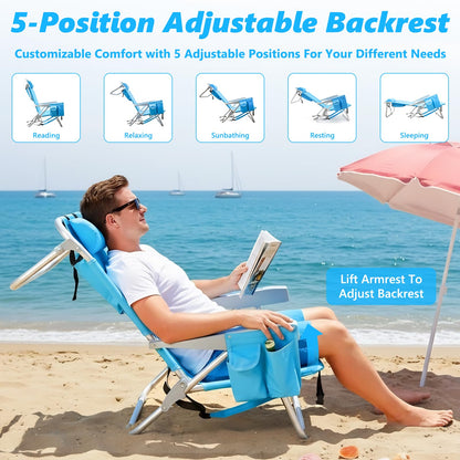 Backpack Beach Chairs for Adults, Heavy Duty Compact Portable Lay Flat Folding Chair with Backpack Straps and Large Pocket, 5 Positions Aluminum Reclining Chair for Patio Outdoor,Support to 300LBS