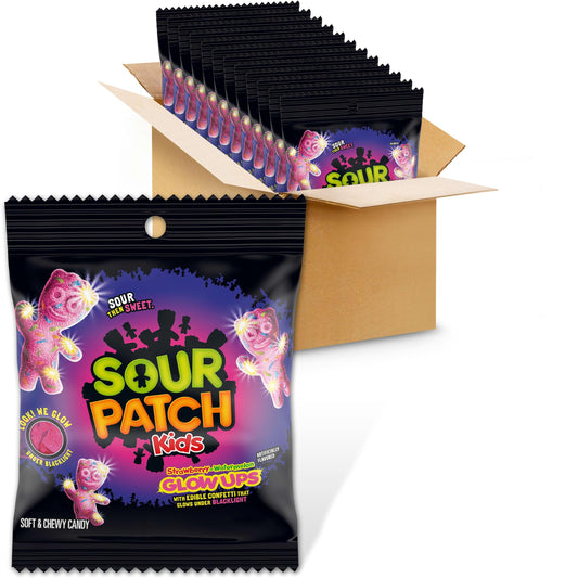 SOUR PATCH KIDS — Glow ups strawberry-watermelon gummy candy in bulk bags 12-3.08 oz bags.