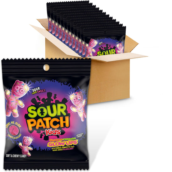 SOUR PATCH KIDS — Glow ups strawberry-watermelon gummy candy in bulk bags 12-3.08 oz bags.