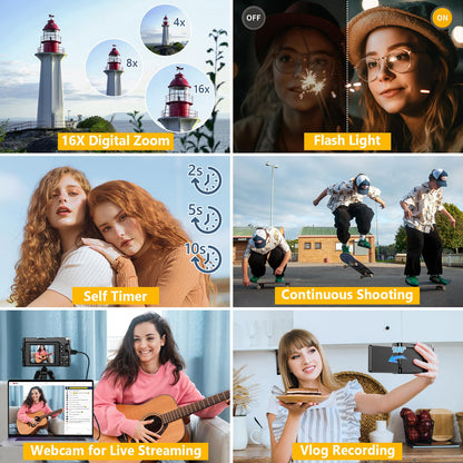 Digital camera — 64MP autofocus vlogging camera with flip screen and 16X zoom