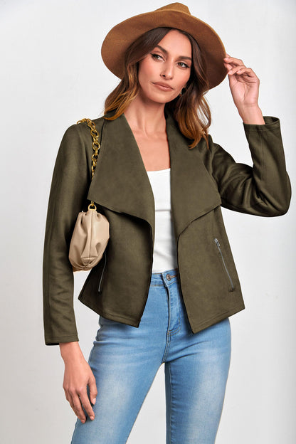 PRETTYGARDEN faux suede cropped coat with open front design