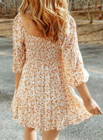 Dokotoo dress — boho floral square neck smocked mini dress