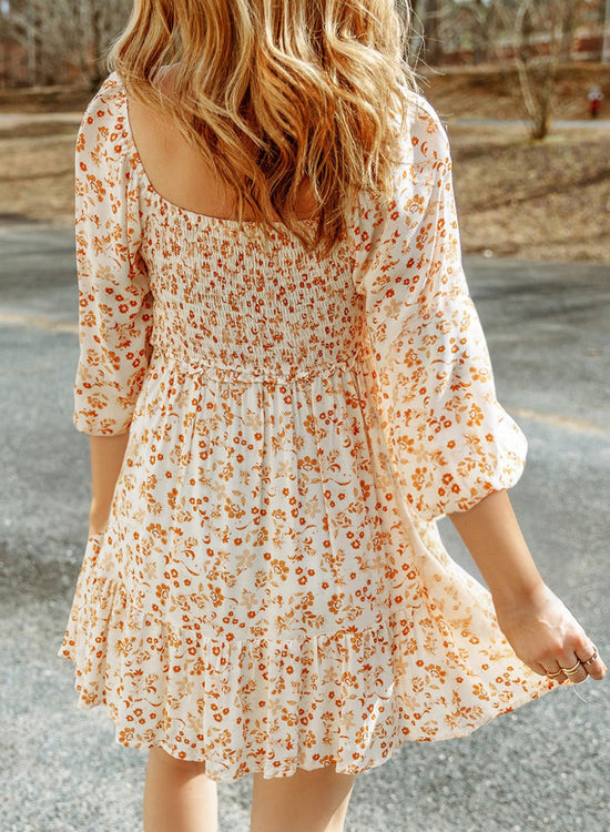 Dokotoo dress — boho floral square neck smocked mini dress