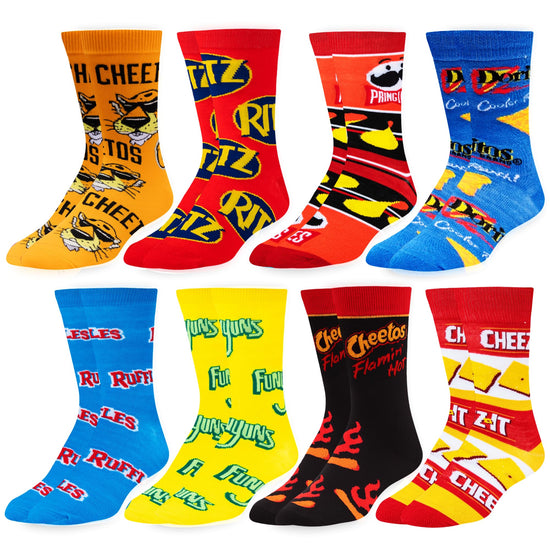 Crazy Socks snack food value bundle - 8-pack novelty crew socks gift set large sizes for men and women, soft and comfortable.