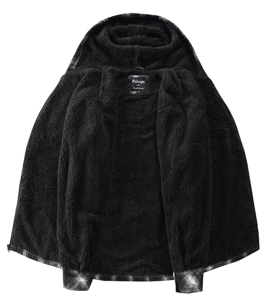 Puhope women's sherpa lined coat — fleece zip up with flannel plaid design