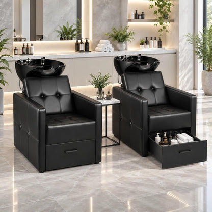 Shampoo Bowl Chair Set for Salon, Black Backwash Station with Drawer
