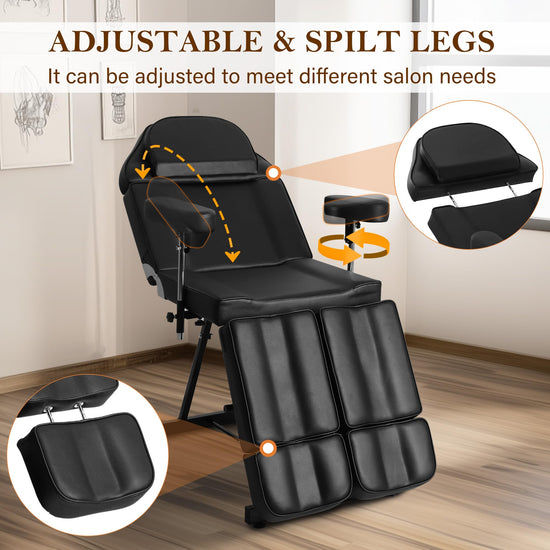 Tattoo Chair for Artist, Esthetician Facial Bed with Adjustable Armrests & Headrest, Split Legs Design Professional Tilting Massage Table with Stool for Eyelashes Spa Tattoo Studio, 440lbs, Black