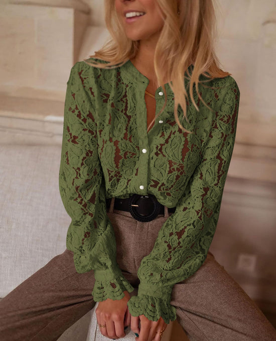 PRETTYGARDEN shirt — lace long sleeve button up blouse for women in spring and fall fashion