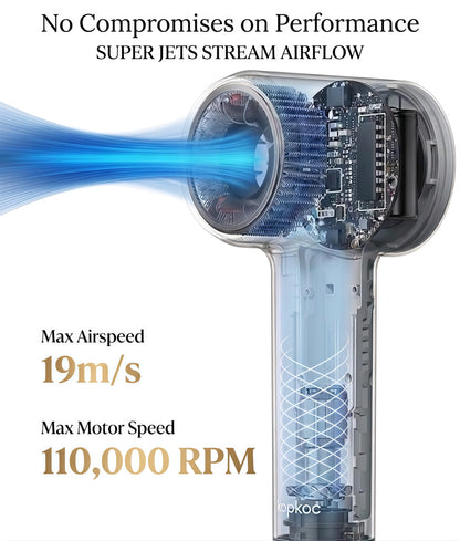 KOPKOC Professional Ionic Hair Dryer, High Speed 110,000 RPM Brushless Motor Blow Dryer with 200M Negative Ions, Lightweight Fast Drying Low Noise, Magnetic Nozzle