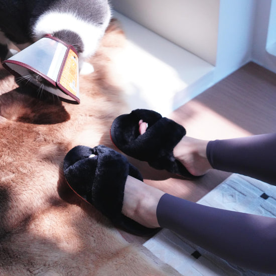Crazy Lady fuzzy memory foam slippers with cross band design